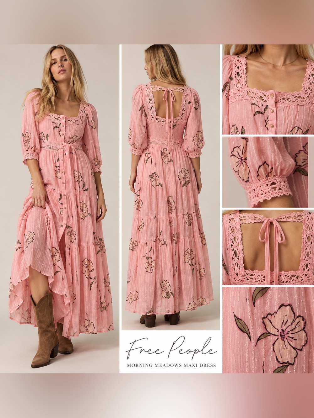 NWT Free People Morning Meadows Floral Maxi Dress Pink XS